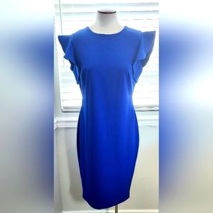 Calvin Klein Brilliant Blue Ruffle Sleeves Exposed Zipper Dress NWT